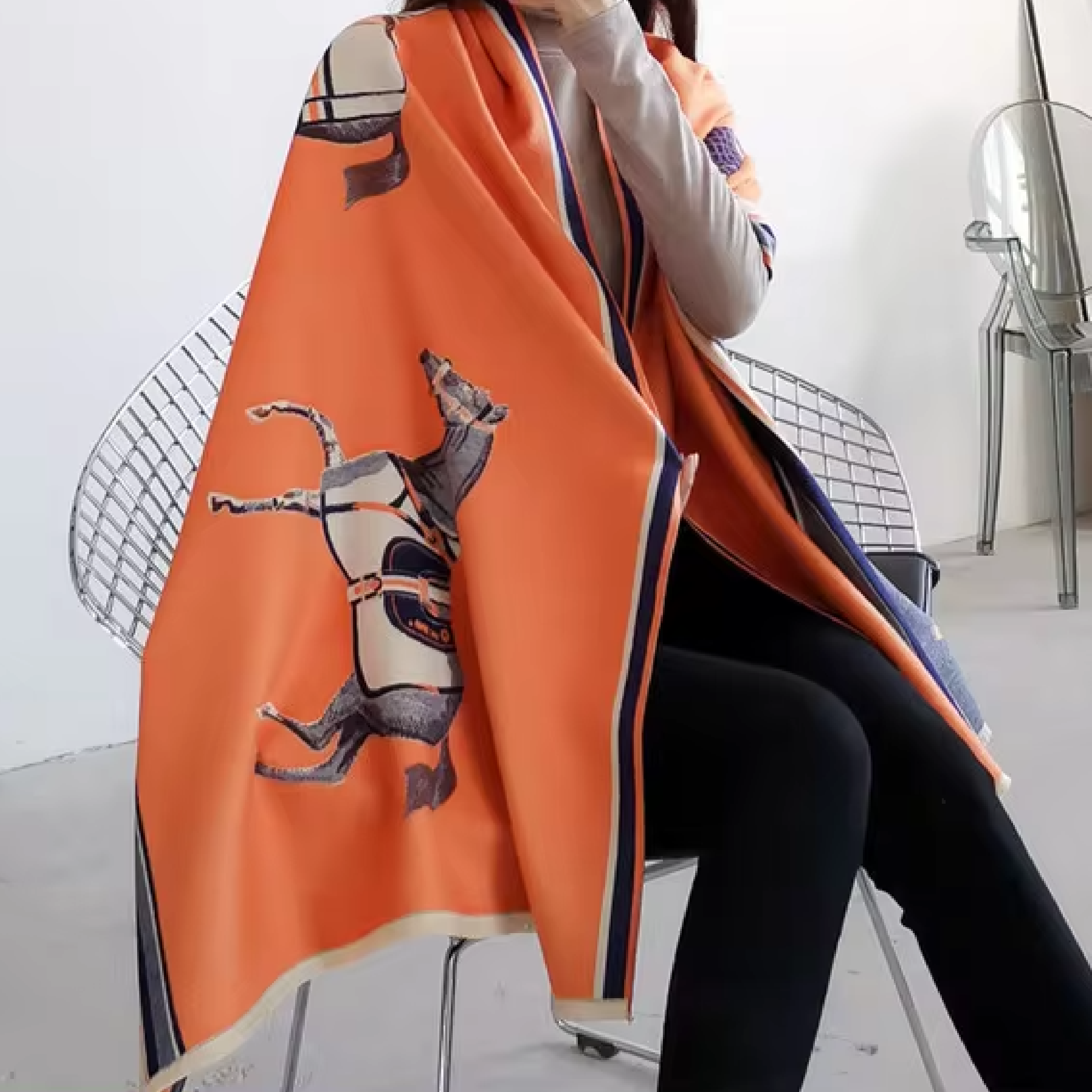 Jacquard Cashmere Pashmina Scarf in Orange/Navy by Mrs V – Versatile and Chic