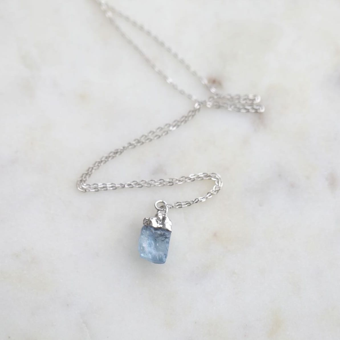 Close-up of Aquamarine Birthstone on Silver Chain Necklace by Mrs V