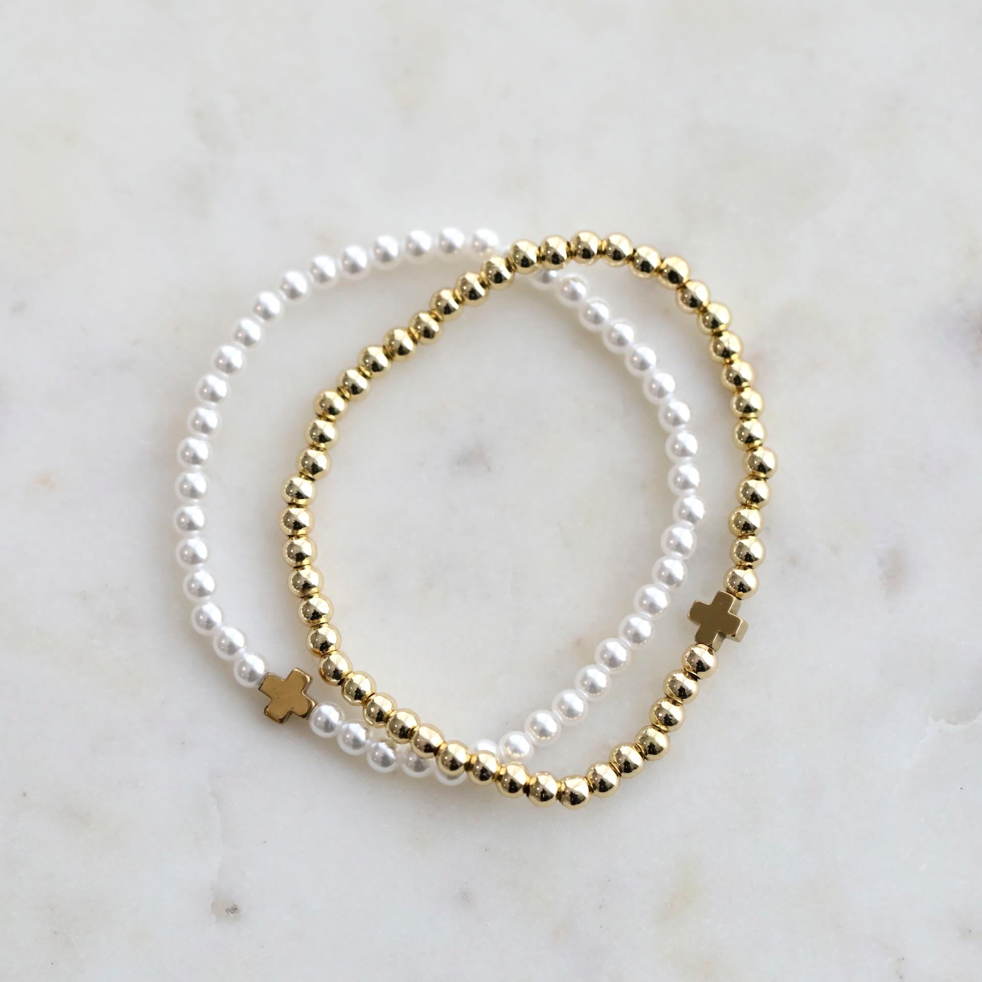 Gold & Pearl Cross Bracelets by Mrs V – Elegant and Lightweight Jewellery