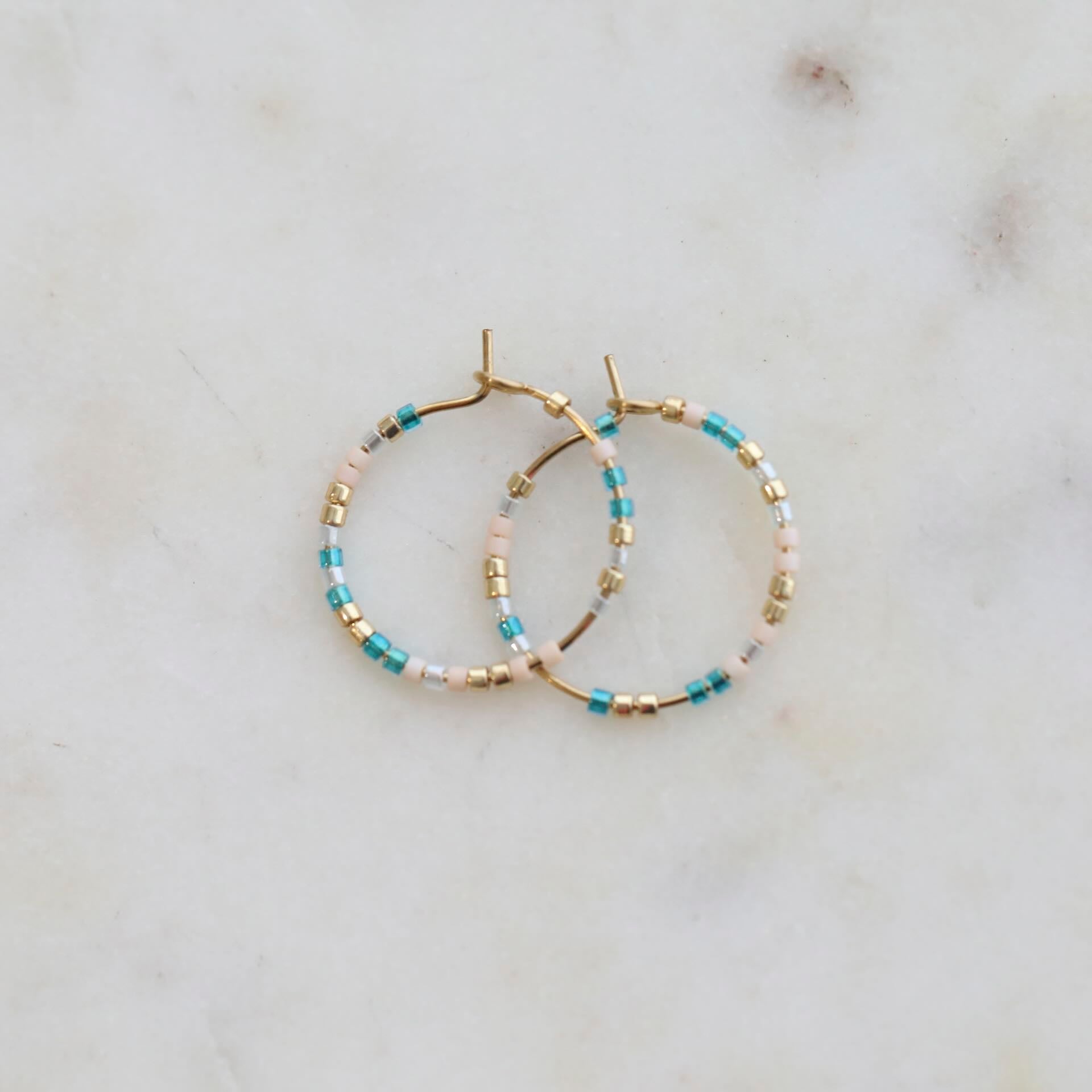 Beaded Hoop Gold, Blue & Soft Pink Earrings by Mrs V – Stylish and Elegant Jewellery