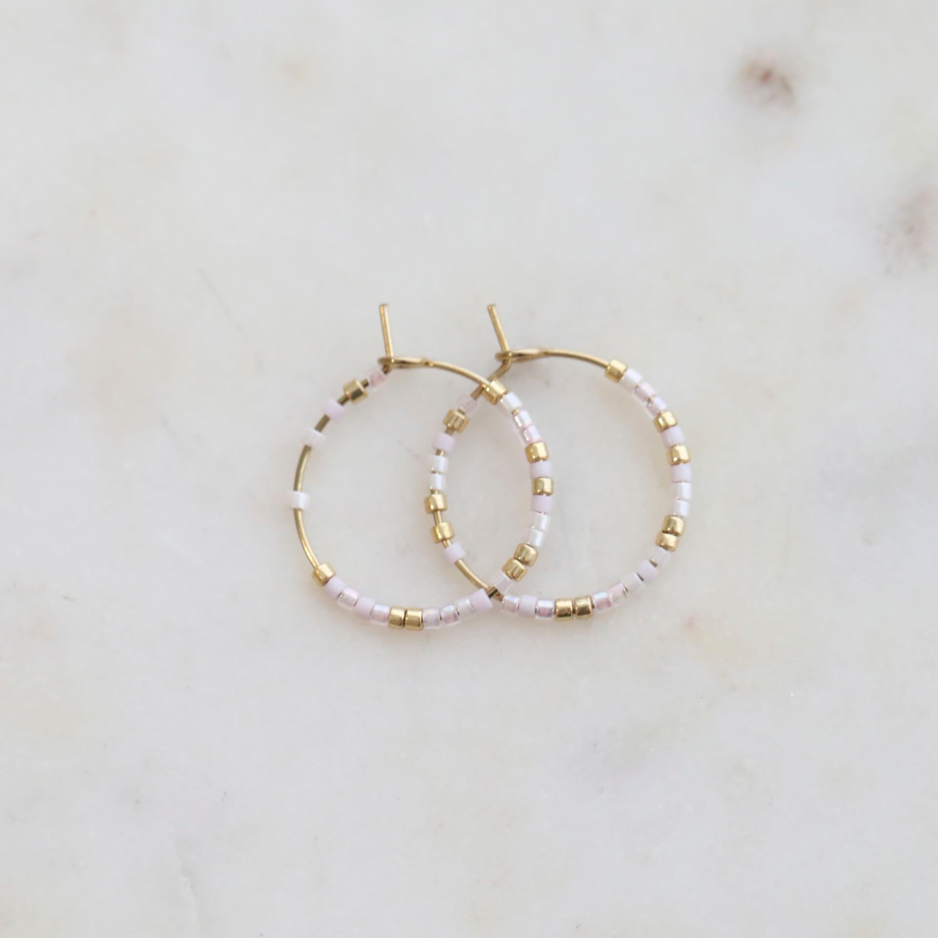 Beaded Hoop Gold & White Earrings by Mrs V – Stylish and Elegant Jewellery