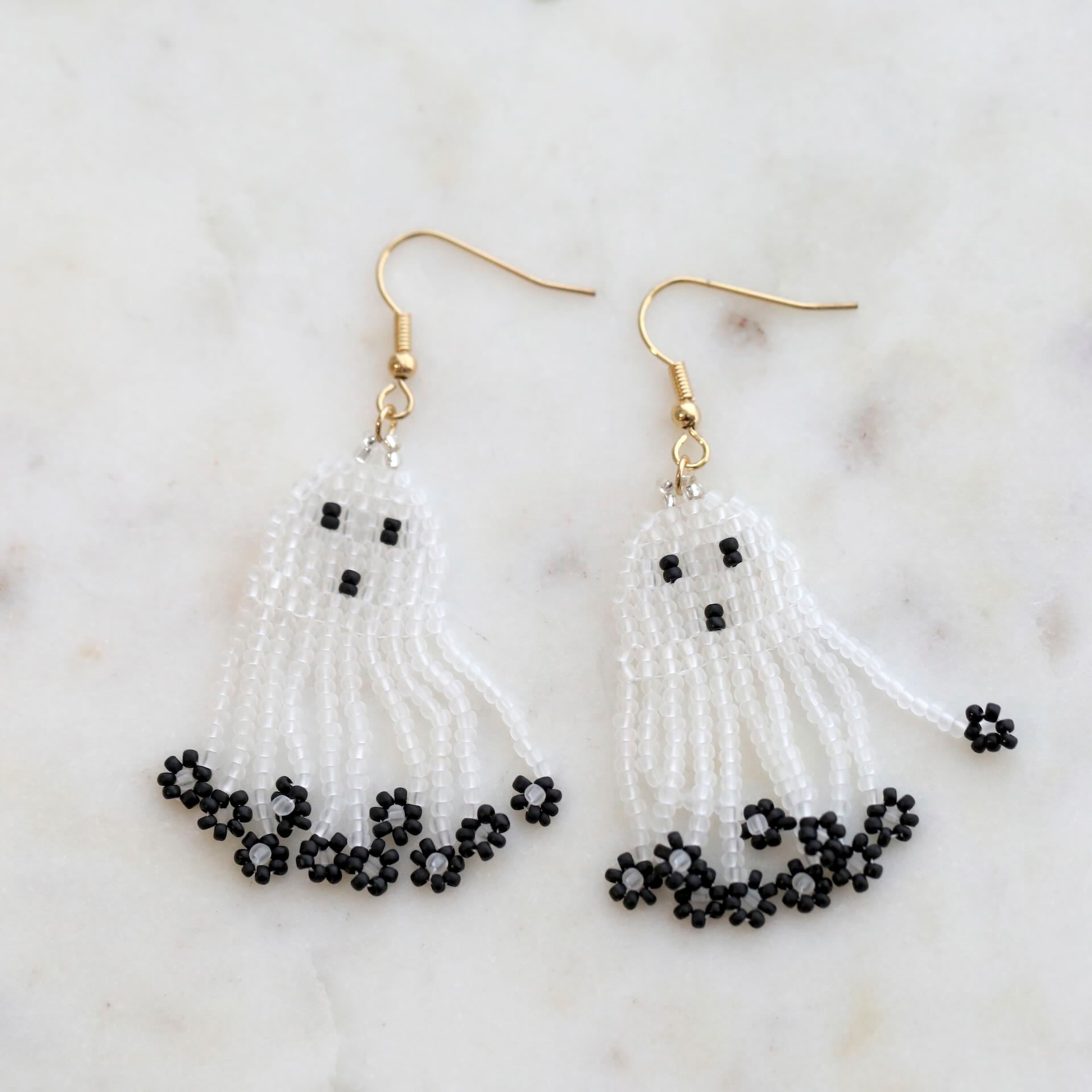 Beaded Ghost Earrings by Mrs V – Handmade Black and White Miyuki Beads