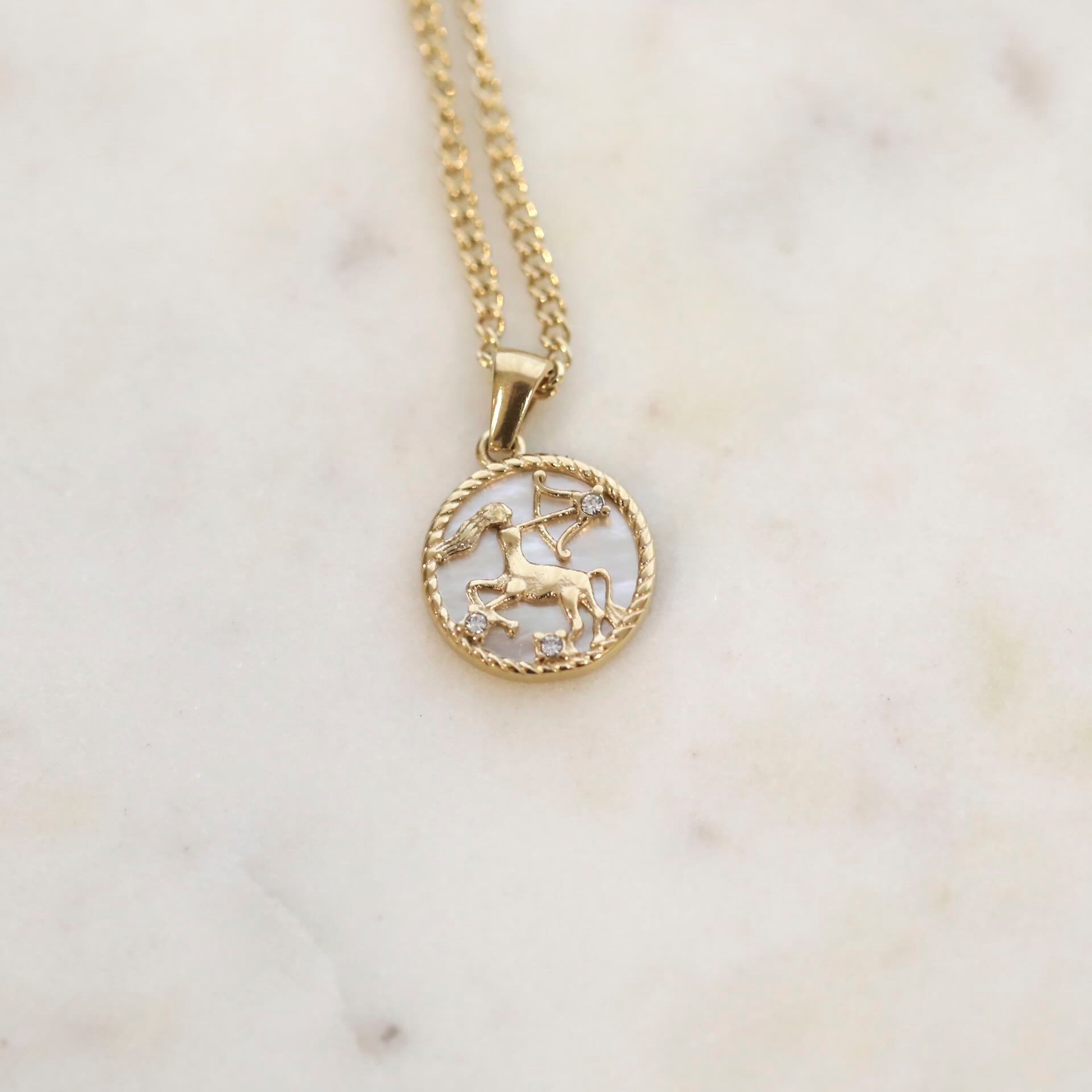 Sagittarius Zodiac Mother of Pearl Necklace by Mrs V – Adventurous and Philosophical Design