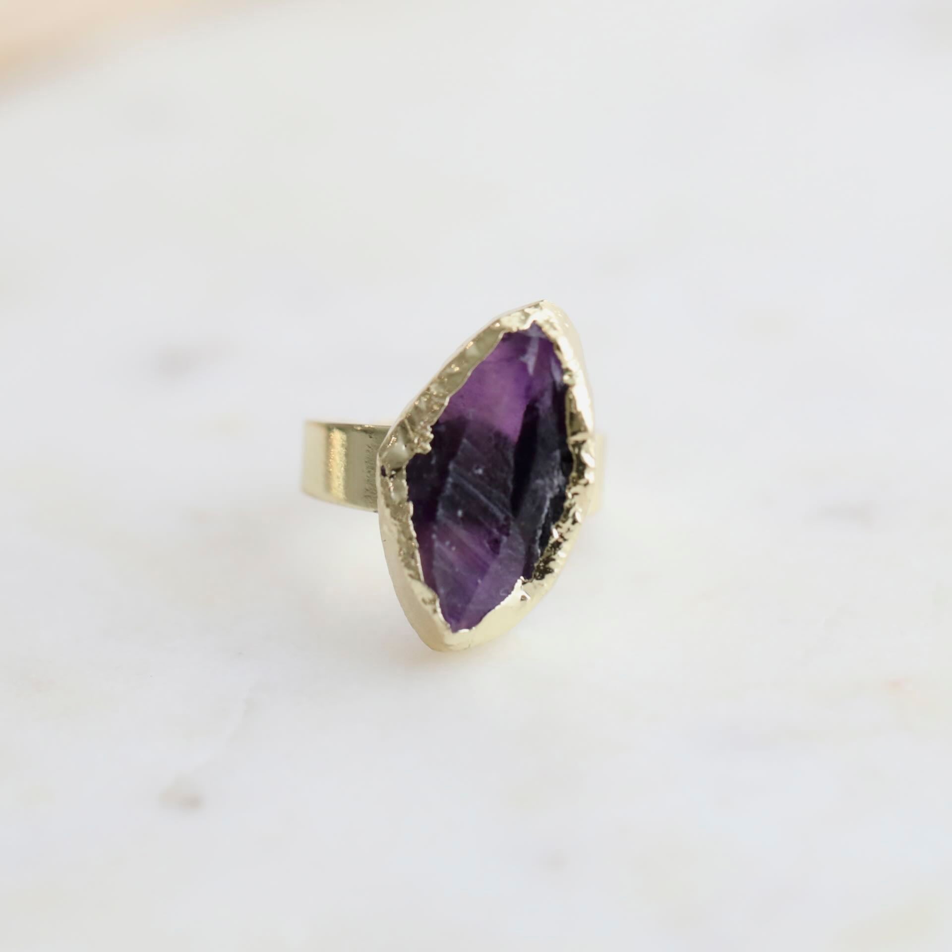 Amethyst Crystal Ring by Mrs V – Adjustable 18K Gold Plated Jewellery