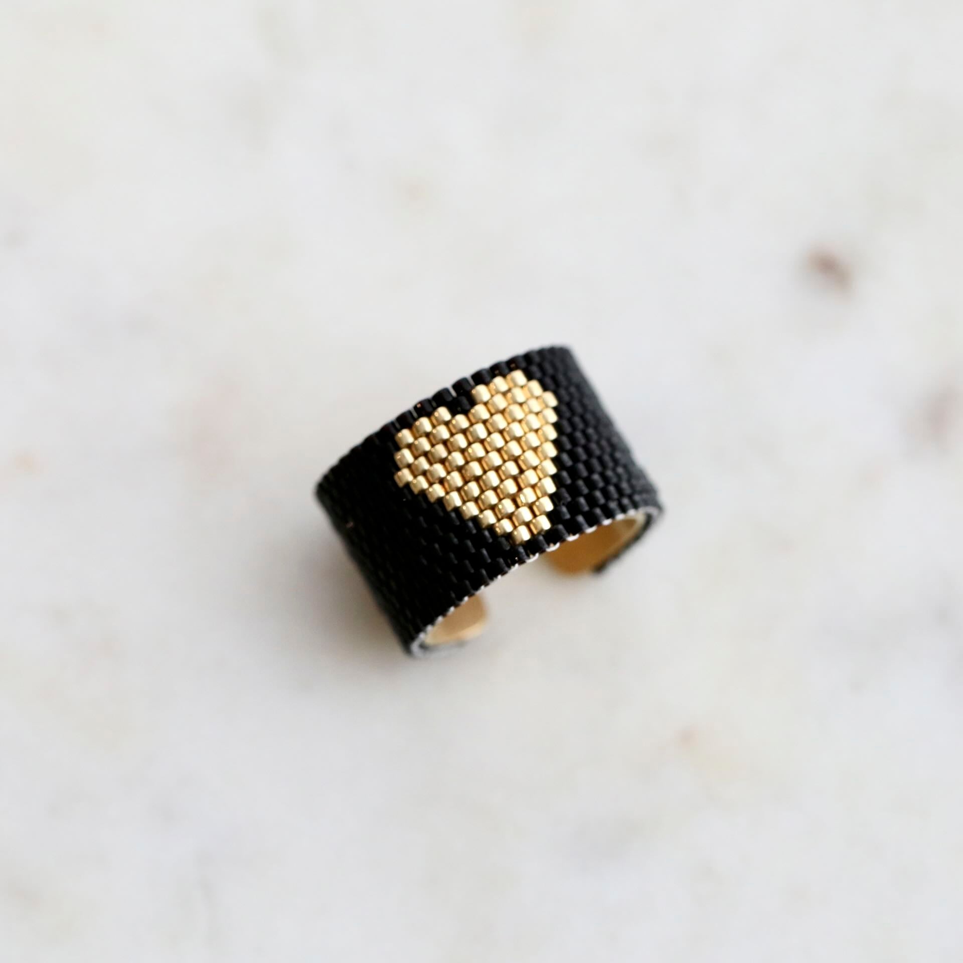 Beaded Black & Gold Heart Ring by Mrs V – Handmade 18K Gold Plated Jewellery