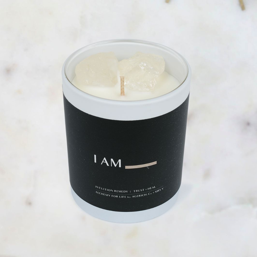 "I am" Intuition Clear Quartz Crystal Candle from AGERICH by Mrs V – Soy Wax Candle with Coconut Lime Fragrance