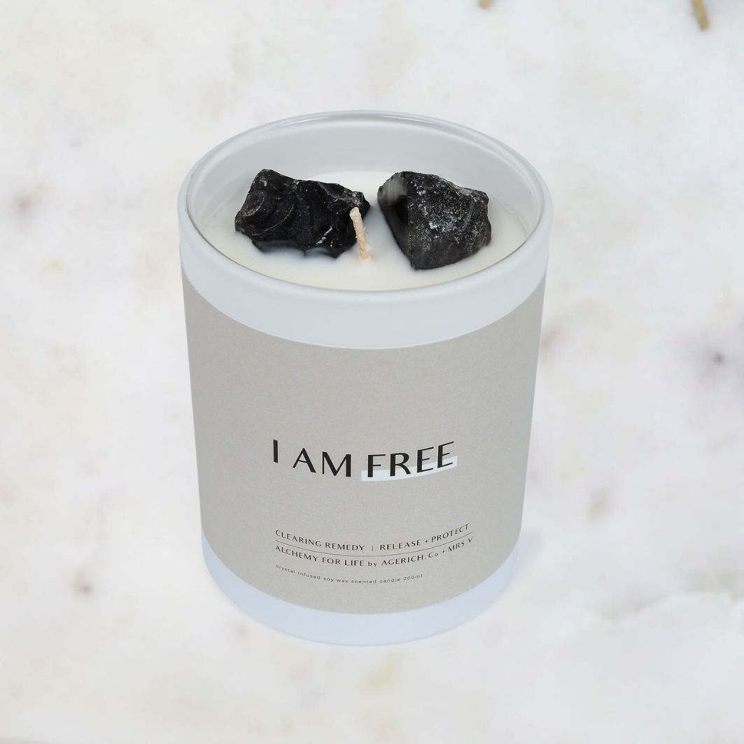 I am Free Black Obsidian Crystal Candle from AGERICH by Mrs V – Soy Wax Candle with Coconut Lime Fragrance