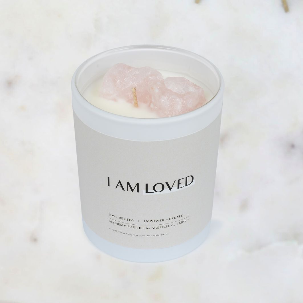 Close-up of Rose Quartz Crystals in the I am Loved Candle from AGERICH by Mrs V